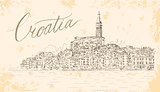 Rovinj in Croatia at Adriatic Sea. Vector Sketch.