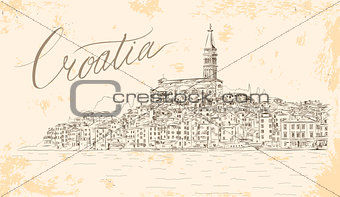 Rovinj in Croatia at Adriatic Sea. Vector Sketch.