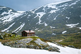 Small house at snowy mountain plateau, Norway