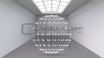 Hanging abstract polygonal object. The white room with the subject in the middle. Exhibition space for objects of modern art. Sci-Fi objects. Structural volumetric grid.