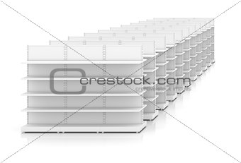 Clean white racks shelves for products showing