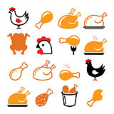 Chicken, fried chicken legs - food icons set