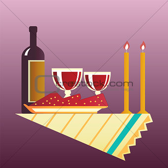 Table for two with cloth, glasses, bottle of wine.