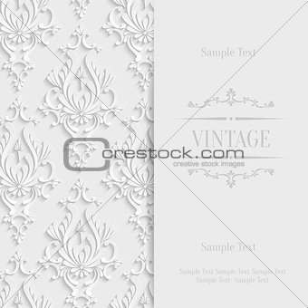 Vector White 3d Vintage Invitation Card with Floral Damask Pattern
