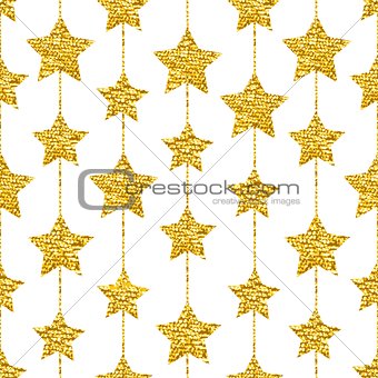 Seamless pattern with gold shine glitter stars on white background.