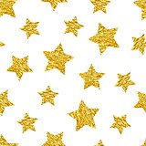 Seamless pattern with gold shine glitter stars on white background.