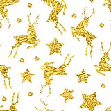 Seamless pattern with gold shine glitter deers, stars, dots on white background.