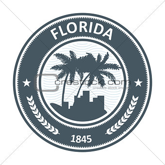 Florida emblem with palm tree and city silhouettes