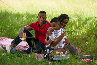 African American Family With Father Mother Child Hugging In Park