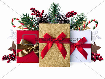 Xmas grunge decoration background with sparkly presents
