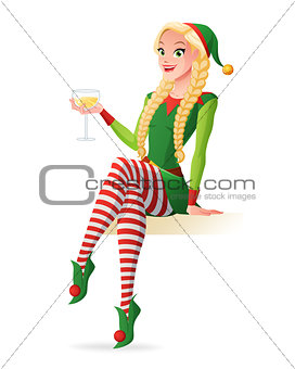 Woman in Christmas elf costume toasting with champagne. Vector illustration.