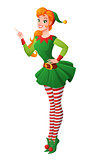 Pinup vector girl in Christmas elf costume finger pointing up.