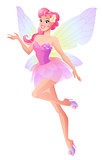 Flying and presenting fairy with wings in pink. Vector illustration.