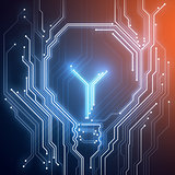 Background conceptual image of digital chip lightbulb on blue 