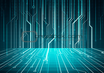 Digital conceptual image circuit microchip on blue wall