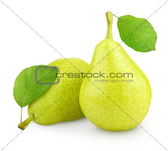Green yellow pears with leaf isolated on white