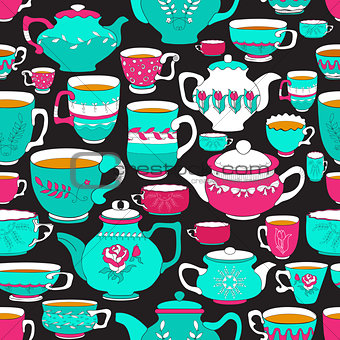 Seamless pattern of the doodle various teapot and cup.