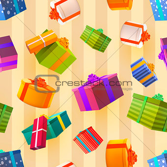 Bright colorful gift boxes on retro background, many presents seamless pattern.