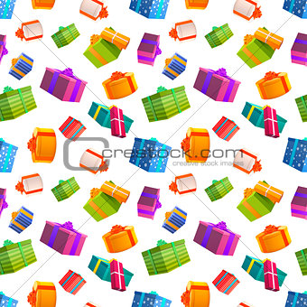 Bright colorful gift boxes on white background, many presents seamless pattern.