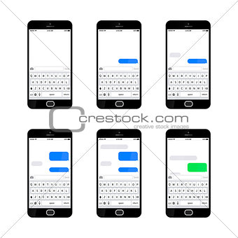 Set of six glossy smartphones with different sms texting templates