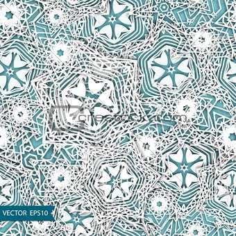 Snowflakes vector blue background pattern. Christmas seamless design for backdrop. Abstract snowflakes with 3D effect, trendy winter concept.