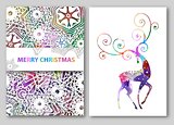 Christmas deer greeting cards or backgrounds. Vector illustration with snowflakes and watercolor effect.