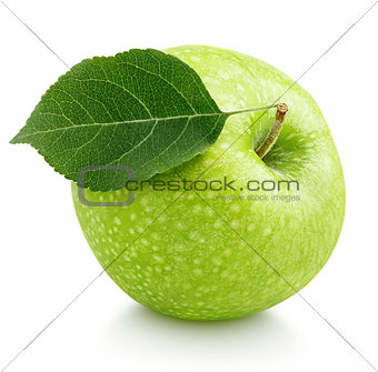 Green apple with leaf isolated on white