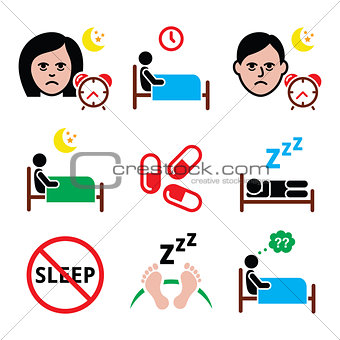 Insomnia, people having trouble with sleeping icons set