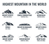 Mountain tourist vector logos set. Posters adventures outdoors. Icons of the world highest mountains
