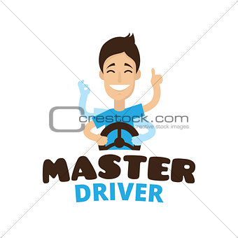 Vector cute cartoon style mascot driver school logo. Guru teen driving symbol
