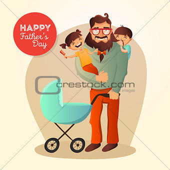 Father Day vector concept. Illustration with happy family. Hipster man and his children.