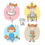 Vector collection of little girl in different situation. Children lifestyle set