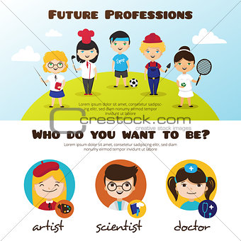 Vector banners of cute cartoon kids in different professions. Children professions design template