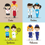 Vector illustrations of cute cartoon kids in different professions. Children professions design templates