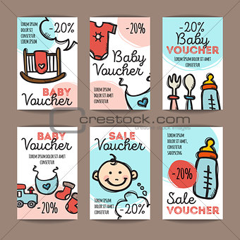 Vector set of discount coupons for baby goods. Colorful doodle style voucher templates. Newborn accessories and clothes promo offer cards.