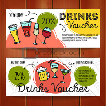 Vector set of discount coupons for beverages. Colorful doodle style alcohol drinks voucher templates. Cocktail bar promo offer cards.