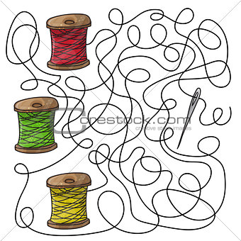 Maze game needle and spools of thread
