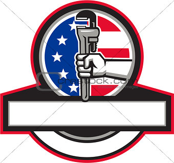 Plumber Hand Holding Pipe Wrench Flag Circle Banner Retro