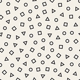Scattered Geometric Line Shapes. Vector Seamless Black and White Pattern.