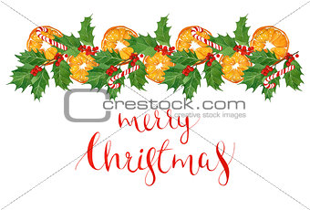 watercolor greeting Christmas card with traditional holiday elements. oranges,holly leaves and berries, hand drawn lettering in postcard format.