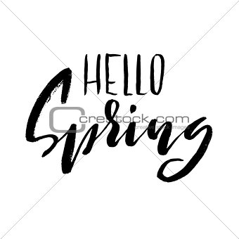 Hand lettered style spring design on a white background. Hello spring hand drawn calligraphy letters. Vector illustration.