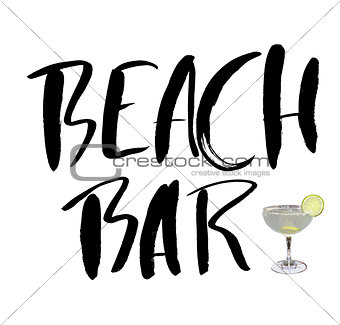 Hand drawn phrase beach bar isolated on the white background. Hand lettering calligraphy greeting card or invitation for summer party template and other seasonal Summer holiday. Vector texture.