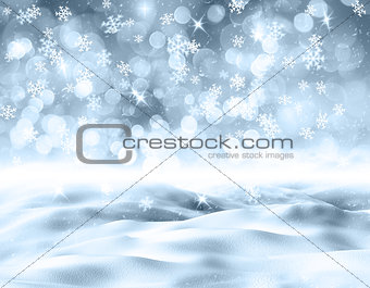 3D snowy landscape with snowflakes