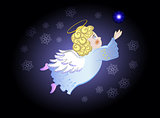 Funny stylized decorative flying angel in the night sky co snowflakes and star. EPS10 vector illustration