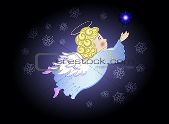 Funny stylized decorative flying angel in the night sky co snowflakes and star. EPS10 vector illustration