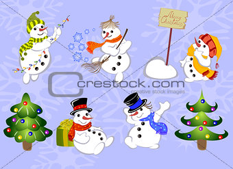 Set of winter holidays snowman and Christmas tree on blue background. EPS10 vector illustration
