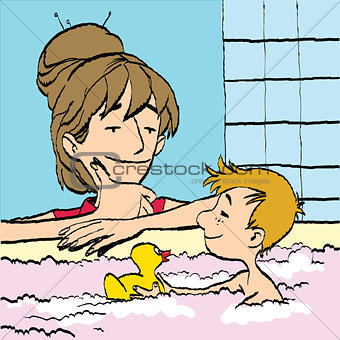 mother bathing baby in the bath water
