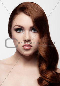 Ginger red long hair.Fashion portrait red lips