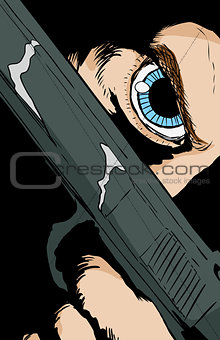 Blue eyed person holding pistol close to face