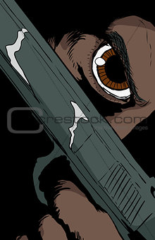 Dark skinned person holding pistol close to face